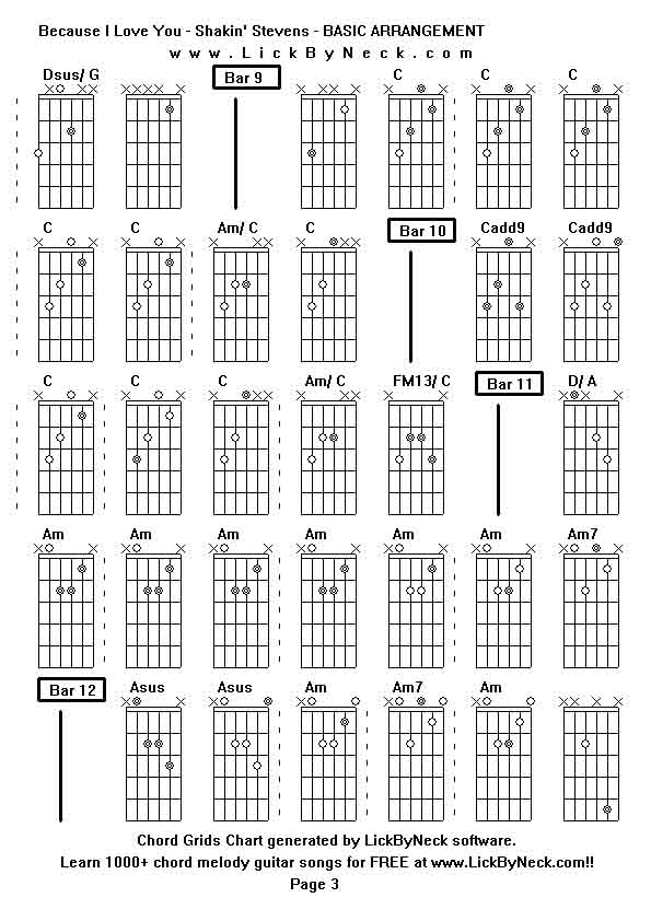 Chord Grids Chart of chord melody fingerstyle guitar song-Because I Love You - Shakin' Stevens - BASIC ARRANGEMENT,generated by LickByNeck software.